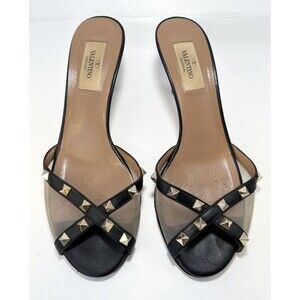 Valentino Garavani Rockstud Mules/Kitten Heels Black w/ Gold Studs Mesh EU 37.5